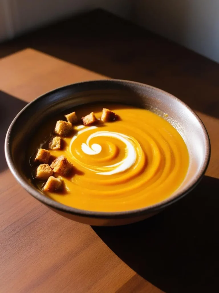 A bowl of creamy pumpkin soup garnished with a swirl of sour cream, croutons, and a sprinkle of pumpkin seeds. The soup is a vibrant orange color and sits on a wooden table bathed in warm sunlight. It looks incredibly appetizing and perfect for a cozy autumn meal.