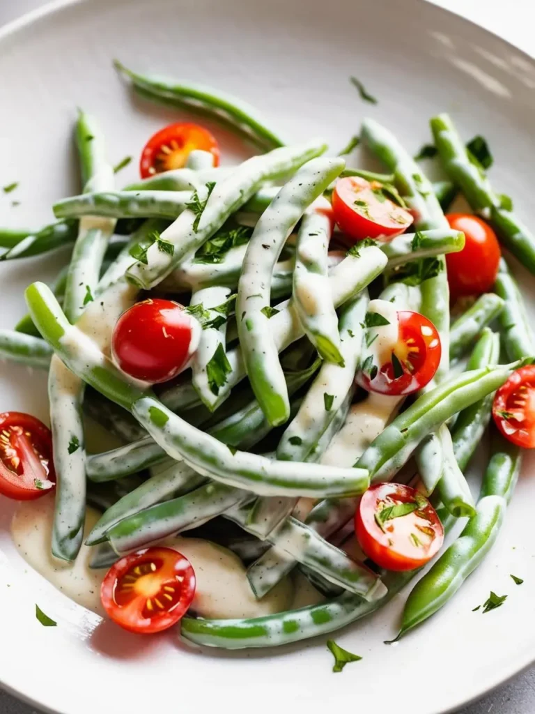 A plate of green beans dressed in a creamy vinaigrette. The beans are topped with halved cherry tomatoes and fresh parsley, making it a vibrant and refreshing side dish.