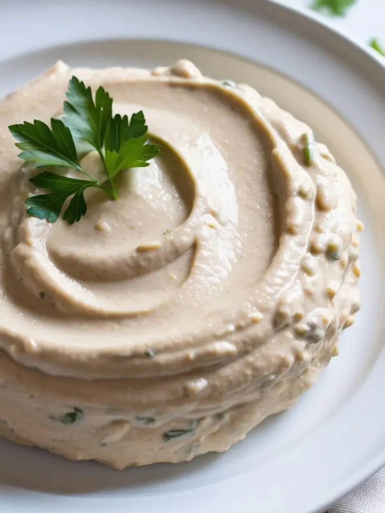 A plate of creamy hummus, smooth and spreadable. The hummus is garnished with a sprig of parsley, adding a touch of freshness and color. It looks perfect for dipping pita bread or vegetables into.