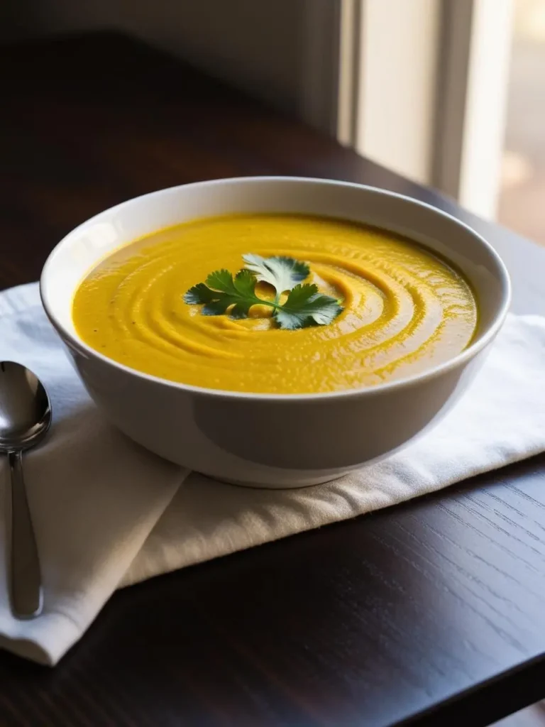 A bowl of creamy pumpkin soup. The soup is a vibrant orange color and garnished with fresh cilantro. The bowl sits on a wooden table next to a spoon and a white napkin. The soup looks warm, inviting, and perfect for a cozy autumn day.