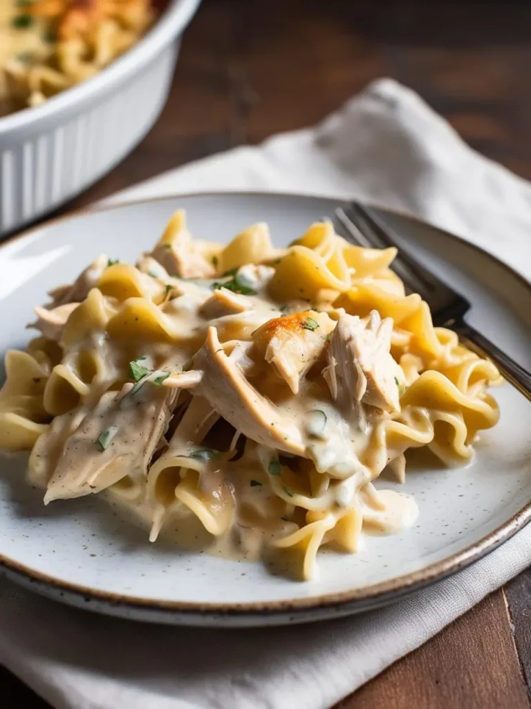 A plate of creamy chicken and egg noodle casserole, sprinkled with fresh parsley. The baking dish is visible in the background.