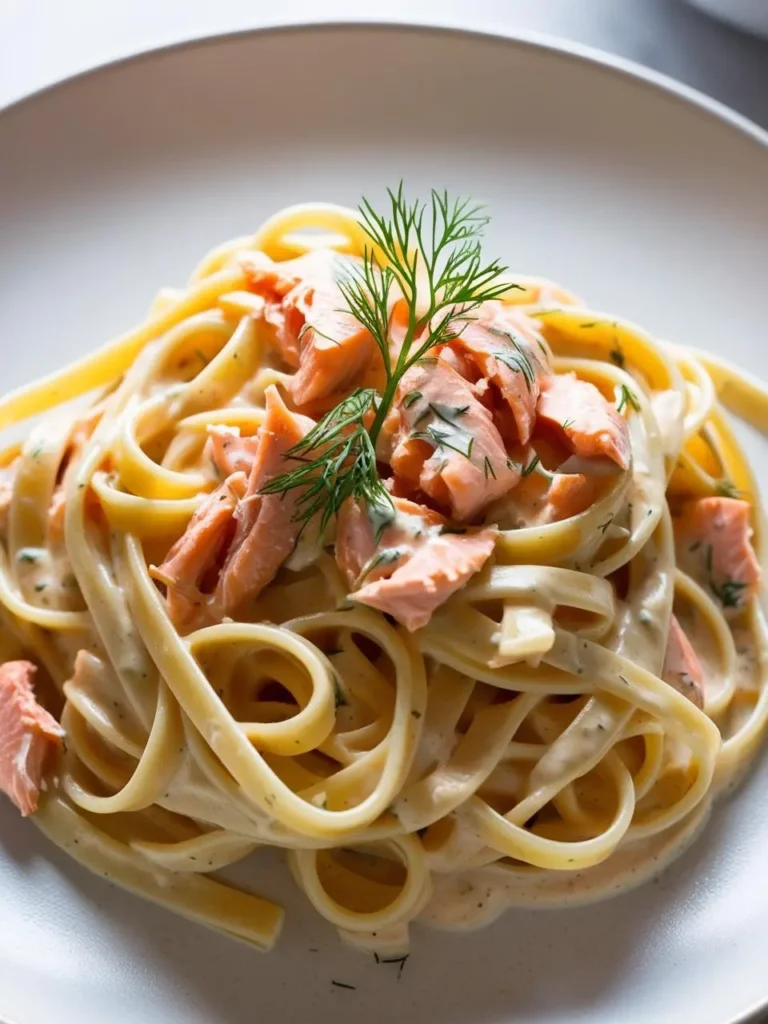 A plate of fettuccine pasta coated in a creamy dill sauce and topped with flaked smoked salmon. The dish is garnished with a sprig of fresh dill.