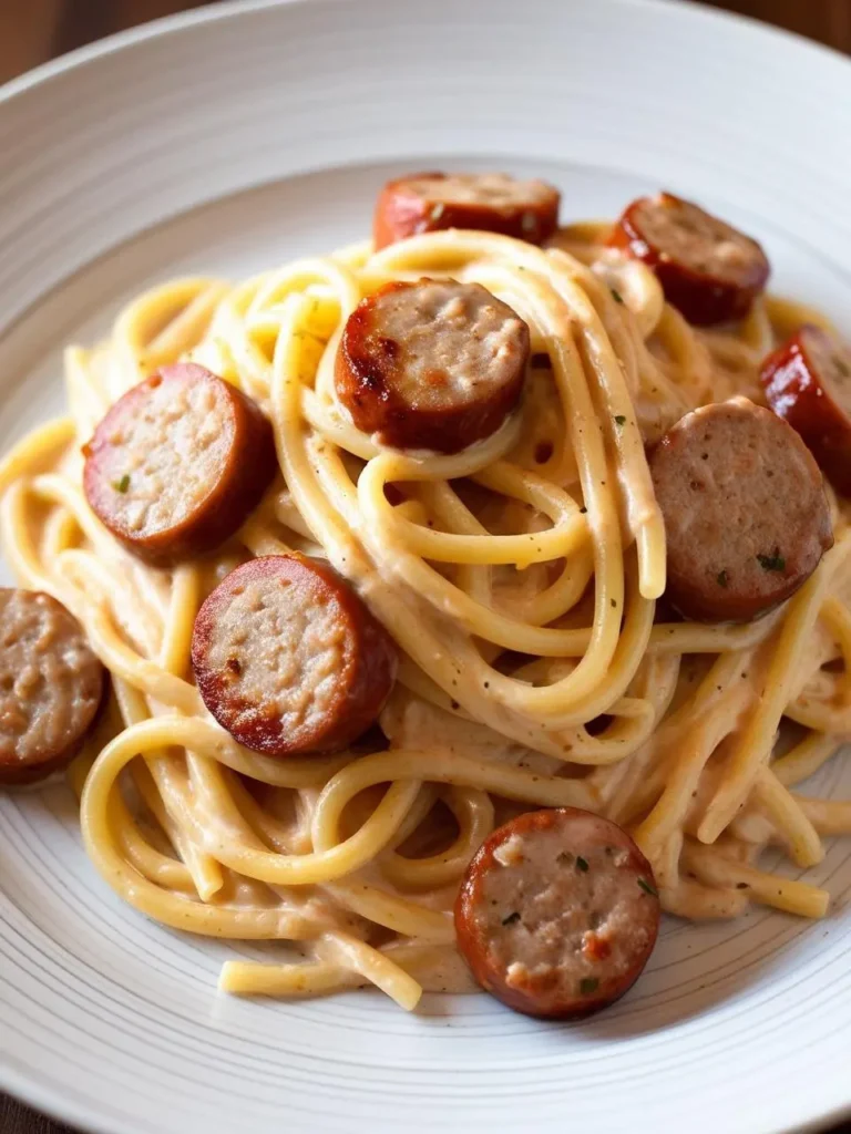 A plate of creamy sausage pasta with alfredo sauce and sliced smoked sausages.