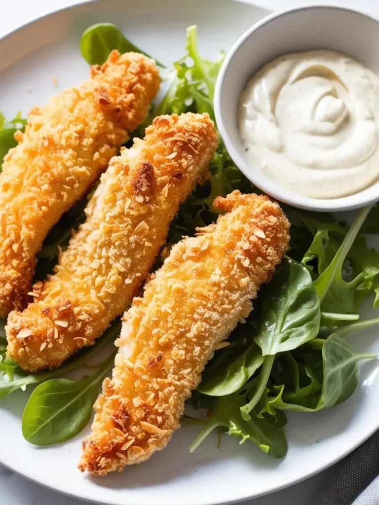 Three golden brown, crispy baked chicken tenders are arranged on a bed of fresh arugula. A small bowl of creamy dip accompanies the dish. The tenders look delicious and crispy.