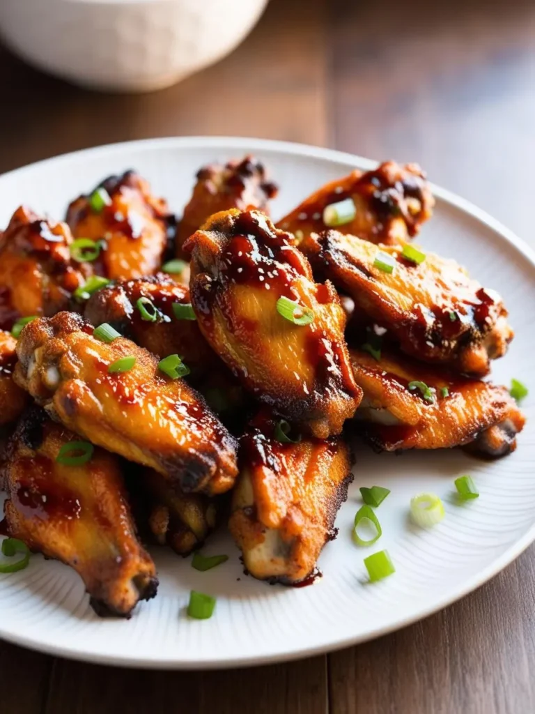 A plate of crispy chicken wings glazed with a sweet and savory sauce, possibly honey garlic or teriyaki. The wings are garnished with chopped green onions, adding a fresh touch. The dish looks incredibly appetizing and perfect for a game day snack or a flavorful appetizer.