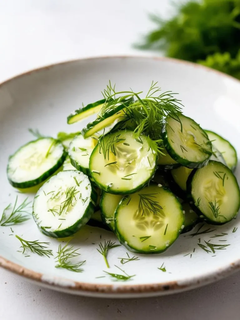 A plate of fresh cucumber salad. Thinly sliced cucumbers are arranged on a plate and topped with fresh dill. The salad looks light, refreshing, and perfect for a summer meal.