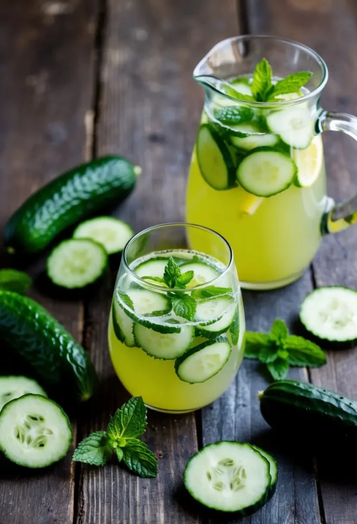 A pitcher of cucumber-mint lemonade surrounded by fresh cucumbers and sprigs of mint on a rustic wooden table