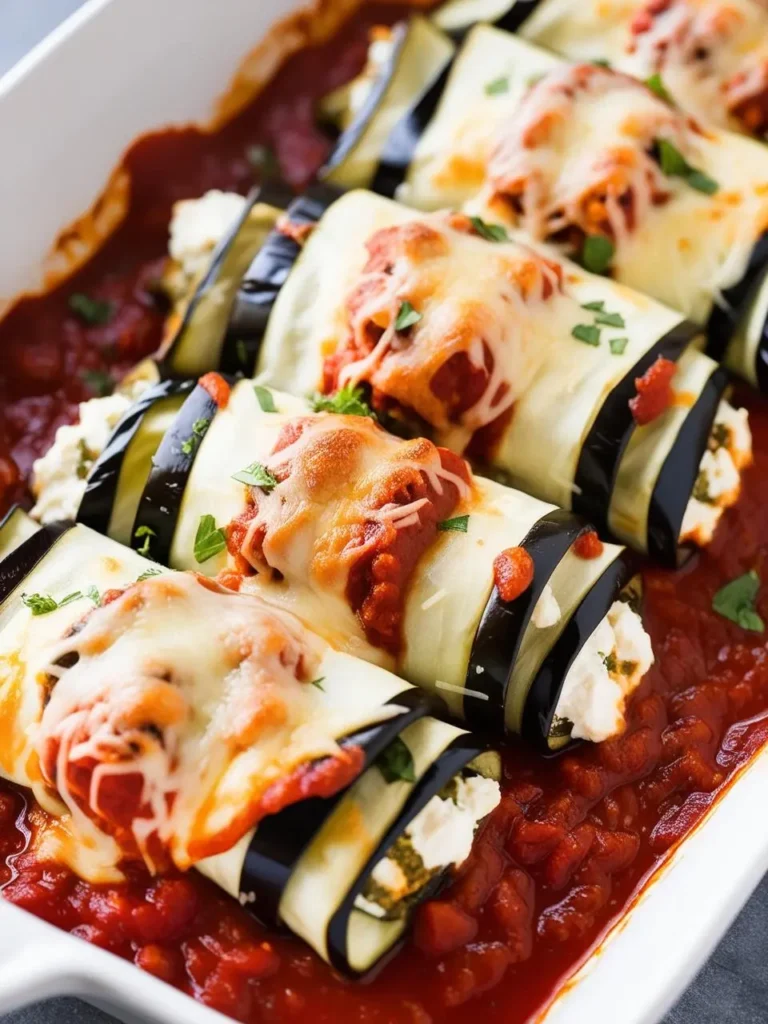 A baking dish filled with eggplant rollatini. The eggplant slices are rolled up and filled with a mixture of ricotta cheese and spinach, then topped with tomato sauce and melted mozzarella cheese. The dish looks delicious and inviting.