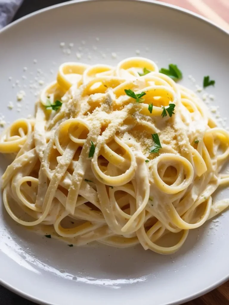 A plate of fettuccine pasta coated in a creamy Alfredo sauce. The pasta is sprinkled with grated Parmesan cheese and fresh parsley, adding a touch of flavor and visual appeal. The dish looks incredibly rich, decadent, and perfect for a satisfying meal.