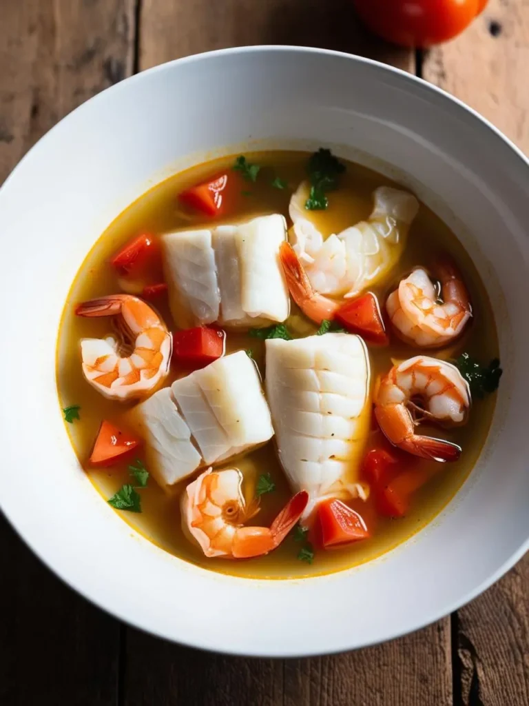 A bowl of steaming seafood soup brimming with large chunks of white fish, juicy shrimp, and diced tomatoes. The broth appears clear and flavorful, with hints of herbs and spices.