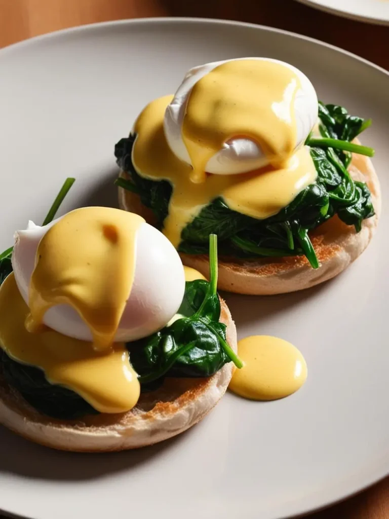 Two English muffins topped with spinach, perfectly poached eggs, and a generous drizzle of rich hollandaise sauce. This classic Eggs Benedict looks delicious and ready to be enjoyed.