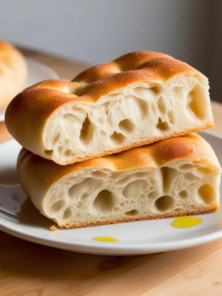 Two slices of golden-brown focaccia bread stacked on a plate. The bread has a beautiful, airy crumb with large holes, indicating a well-fermented dough. The crust looks slightly crispy, and the overall appearance is inviting and appetizing.