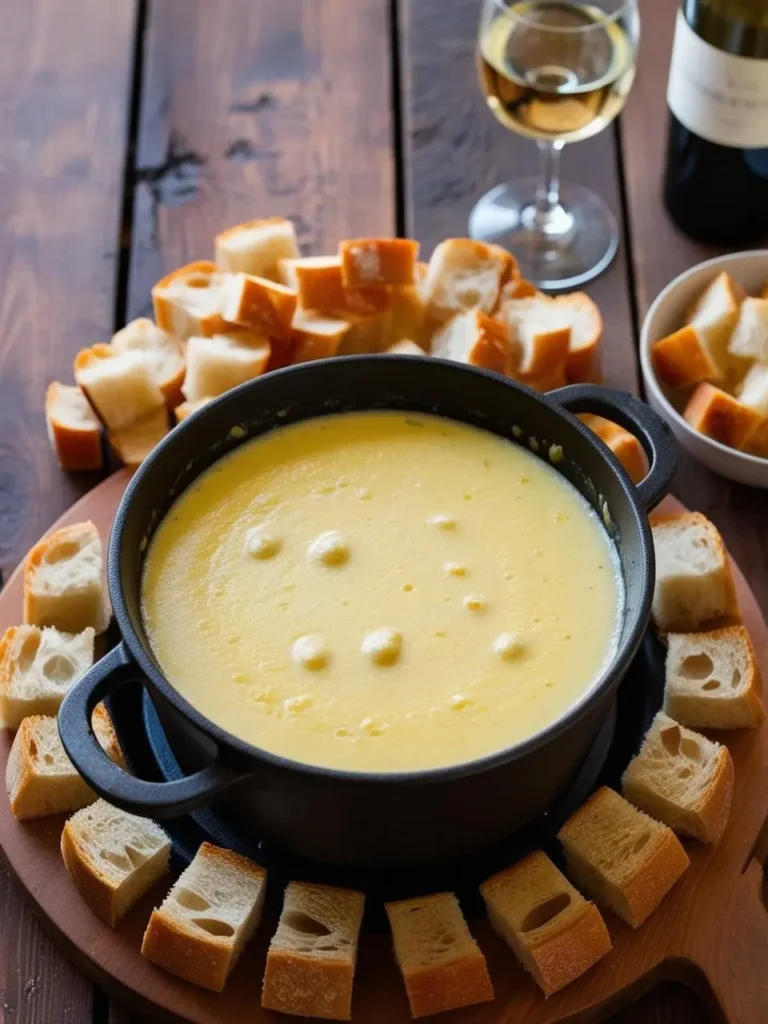 A bubbling pot of cheese fondue, surrounded by crusty bread cubes, ready to be dipped. A glass of white wine and a bowl of additional bread cubes are also on the table.