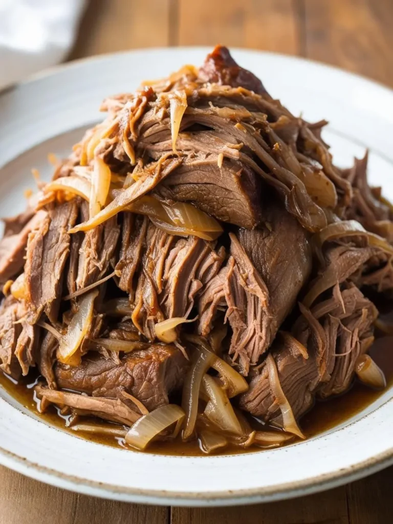 A plate of shredded beef, cooked until fall-apart tender and smothered in a rich, dark sauce. The beef is piled high and looks incredibly flavorful and juicy.