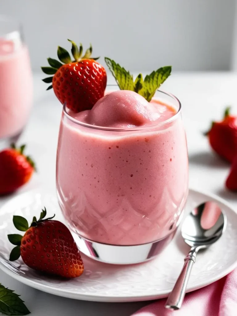 A frosty pink smoothie in a crystal glass, topped with a scoop of strawberry sorbet and a fresh strawberry. Mint leaves add a touch of color and freshness. The smoothie is surrounded by whole strawberries and a spoon, suggesting a delicious and refreshing treat.