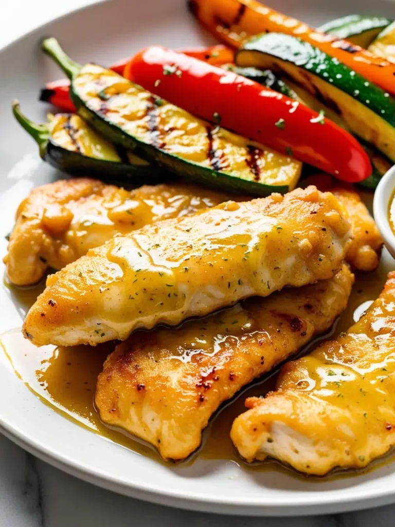 A plate of golden-brown chicken tenders glistening with a lemon-herb sauce. They are served alongside a bed of grilled vegetables, including zucchini and bell peppers. The dish looks fresh, light, and flavorful.