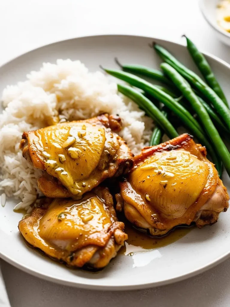 A plate of glazed chicken thighs with a side of steamed rice and green beans. The chicken looks tender and juicy, with a glossy glaze.