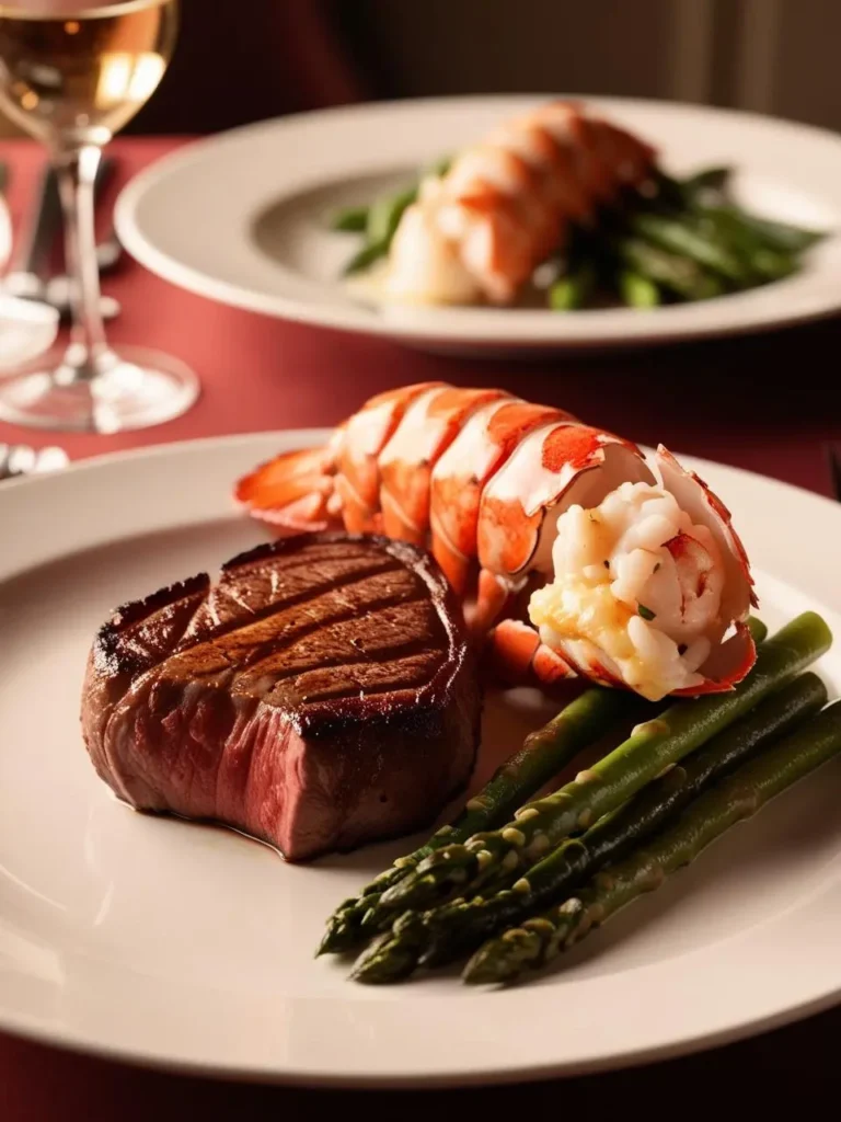 A classic surf and turf dish on a white plate. A perfectly seared steak sits alongside a whole, butter-stuffed lobster tail. A bed of asparagus adds a touch of green to the plate. The dish looks elegant and indulgent, perfect for a special occasion.