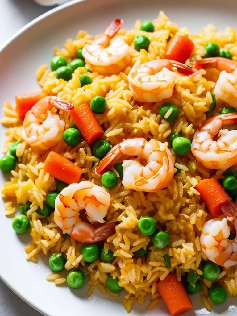 A plate of flavorful shrimp fried rice. The rice is cooked with vegetables like carrots and peas, and seasoned with savory spices.  Juicy shrimp are scattered throughout the dish. The fried rice looks vibrant and appetizing.