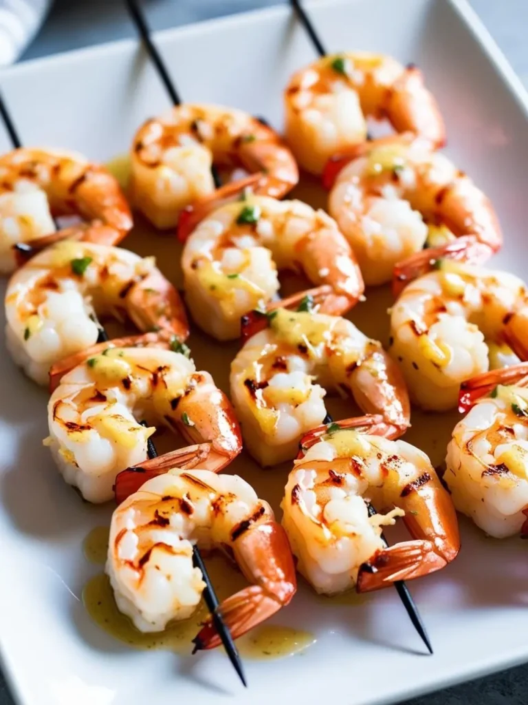 A plate of perfectly grilled shrimp skewers, drizzled with a golden sauce. The shrimp are cooked to a beautiful pink hue, and the skewers look ready to be devoured. The dish is a feast for the eyes and sure to tantalize taste buds.