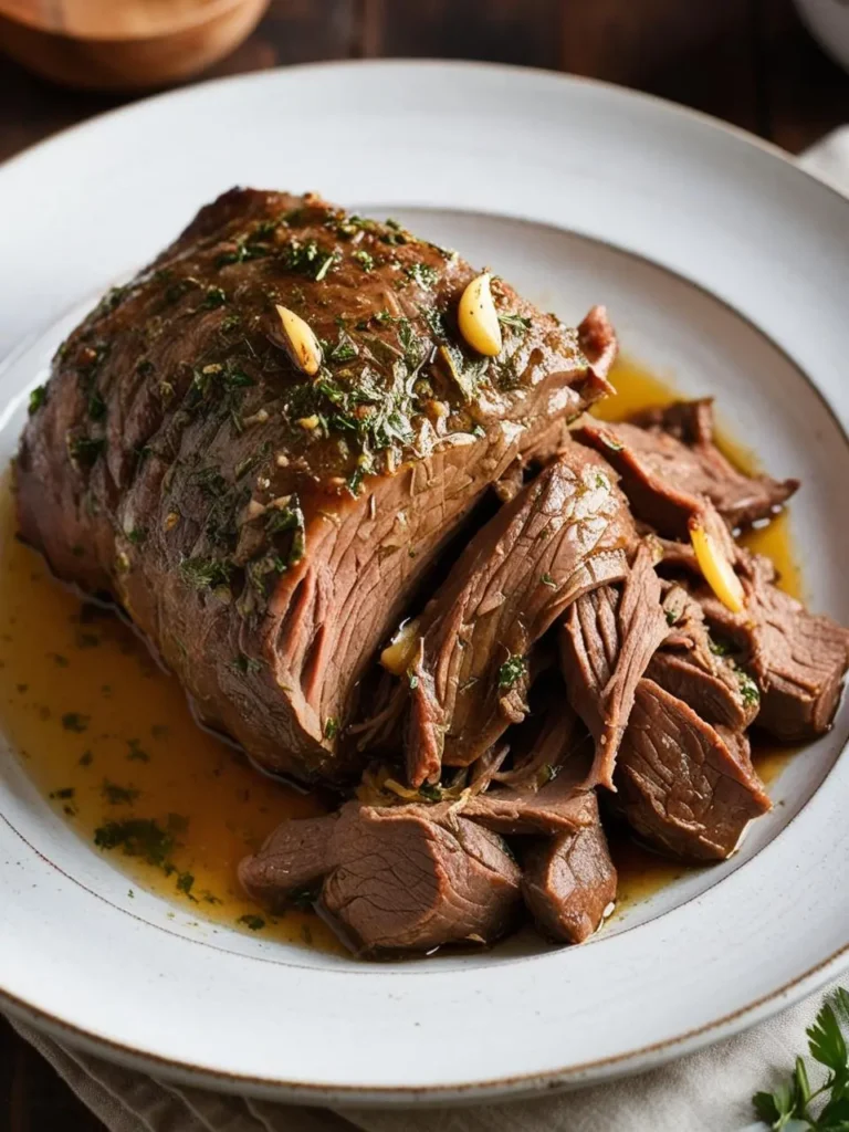 A plate of slow-cooked pot roast, sliced and shredded, with visible garlic cloves and fresh herbs. The meat looks incredibly tender and juicy, with a rich, flavorful sauce.