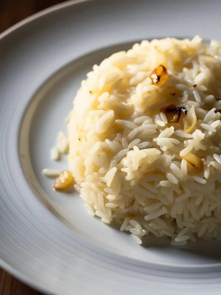 A plate of fluffy, white rice cooked with garlic. The rice is light and airy, with a few pieces of golden-brown garlic scattered throughout. The dish looks simple yet delicious.