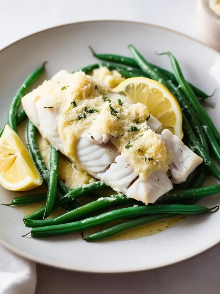 A plate of baked cod with a lemon-herb topping. The fish is served on a bed of steamed green beans, with lemon wedges and fresh herbs scattered around. The dish looks light, healthy, and perfect for a summer meal.