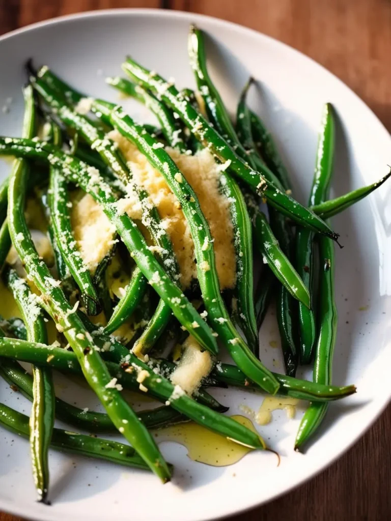 A plate of perfectly grilled green beans, drizzled with olive oil and sprinkled with grated Parmesan cheese. The beans look crisp-tender and flavorful, with a hint of char from the grill.