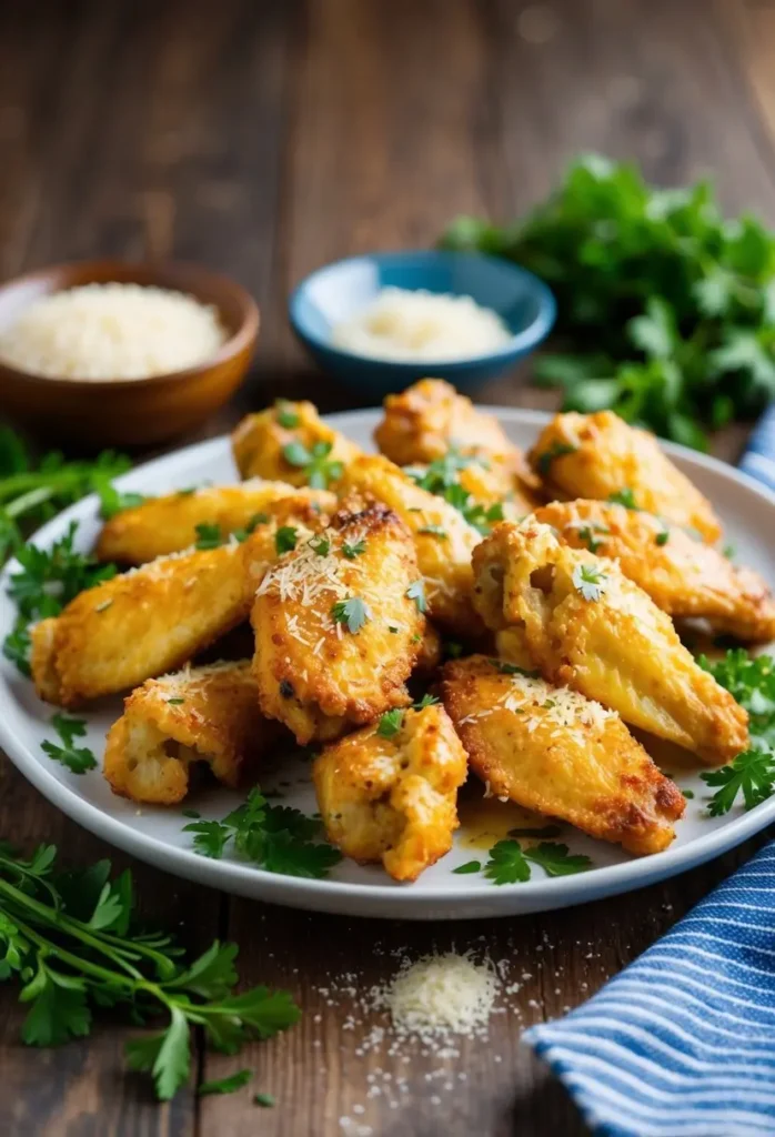 A plate of crispy, golden-brown Parmesan garlic chicken wings. The wings are sprinkled with fresh parsley and grated Parmesan cheese, adding a touch of flavor and visual appeal. The dish looks incredibly appetizing and perfect for a game day snack or a flavorful appetizer.