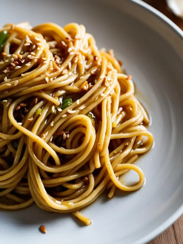 A plate of sesame noodles glistening with a rich, savory sauce. The noodles are topped with sesame seeds and chopped green onions, adding a touch of freshness and crunch. The dish looks incredibly flavorful and satisfying.