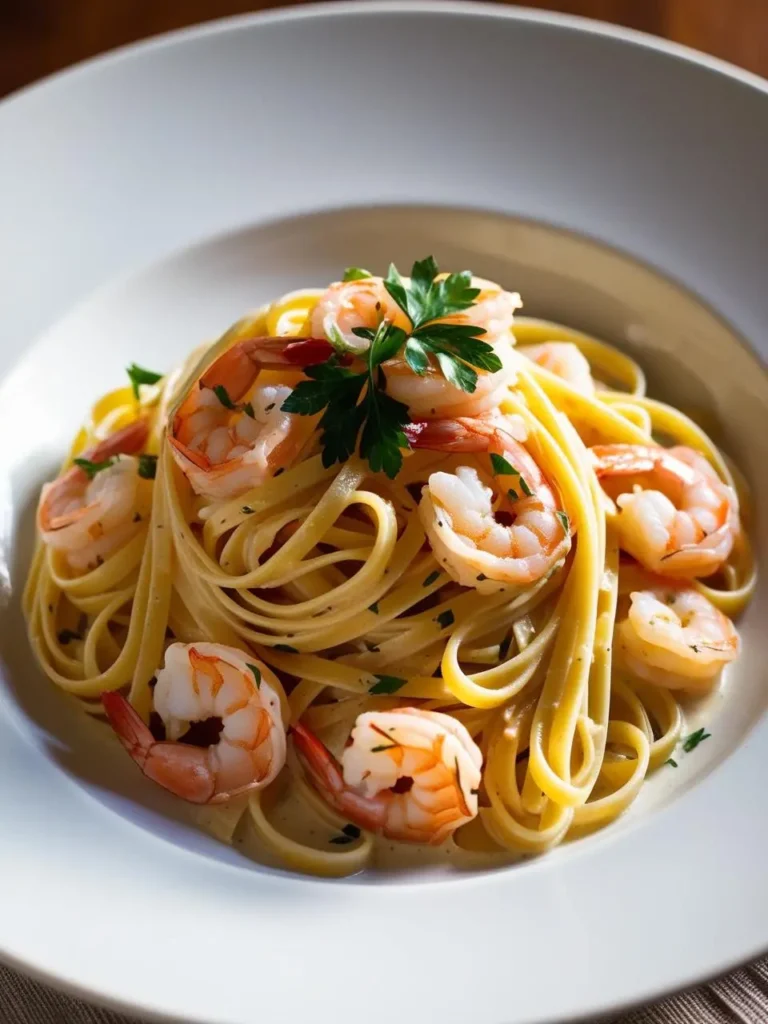 A plate of fettuccine pasta tossed with juicy shrimp and a creamy, buttery sauce. The dish is garnished with fresh parsley, making it look both appetizing and elegant.