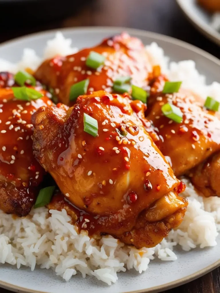 A plate of glazed chicken thighs with a bed of white rice, topped with sesame seeds and green onions.