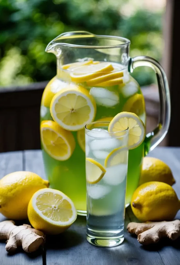 A pitcher of ginger lemonade surrounded by fresh lemons and ginger root, with a tall glass filled with ice and lemon slices next to it