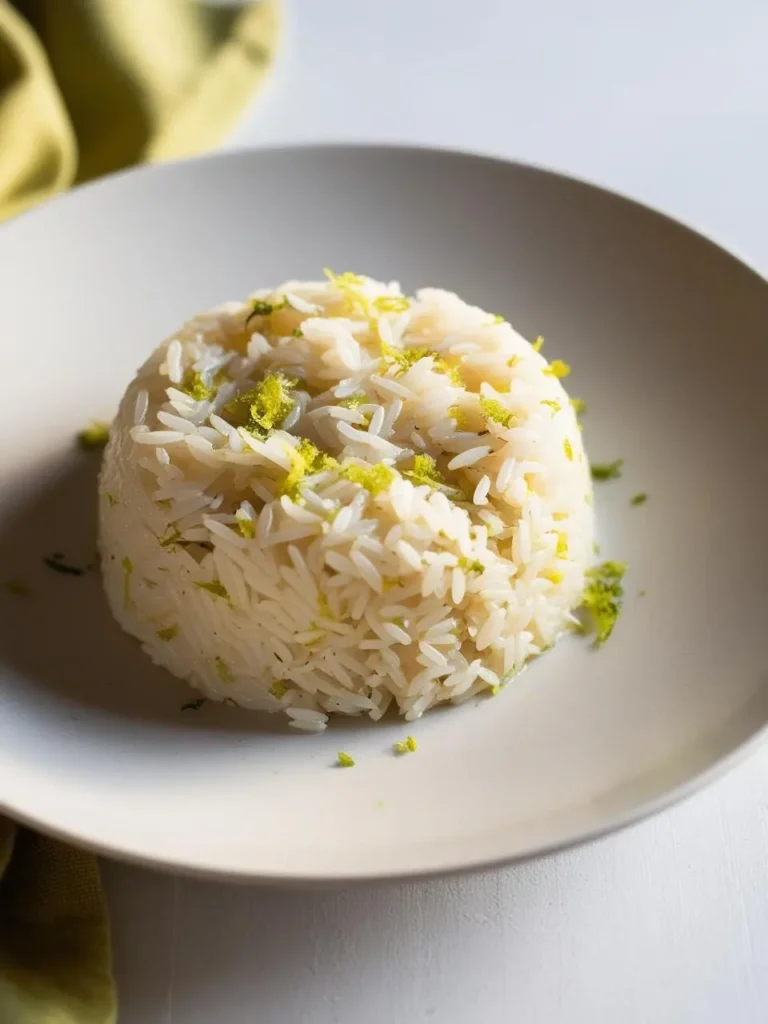 A plate of fluffy white rice, garnished with a sprinkle of lime zest. The rice looks light and airy, with a hint of citrus flavor. It's a simple yet elegant side dish that would complement any meal.