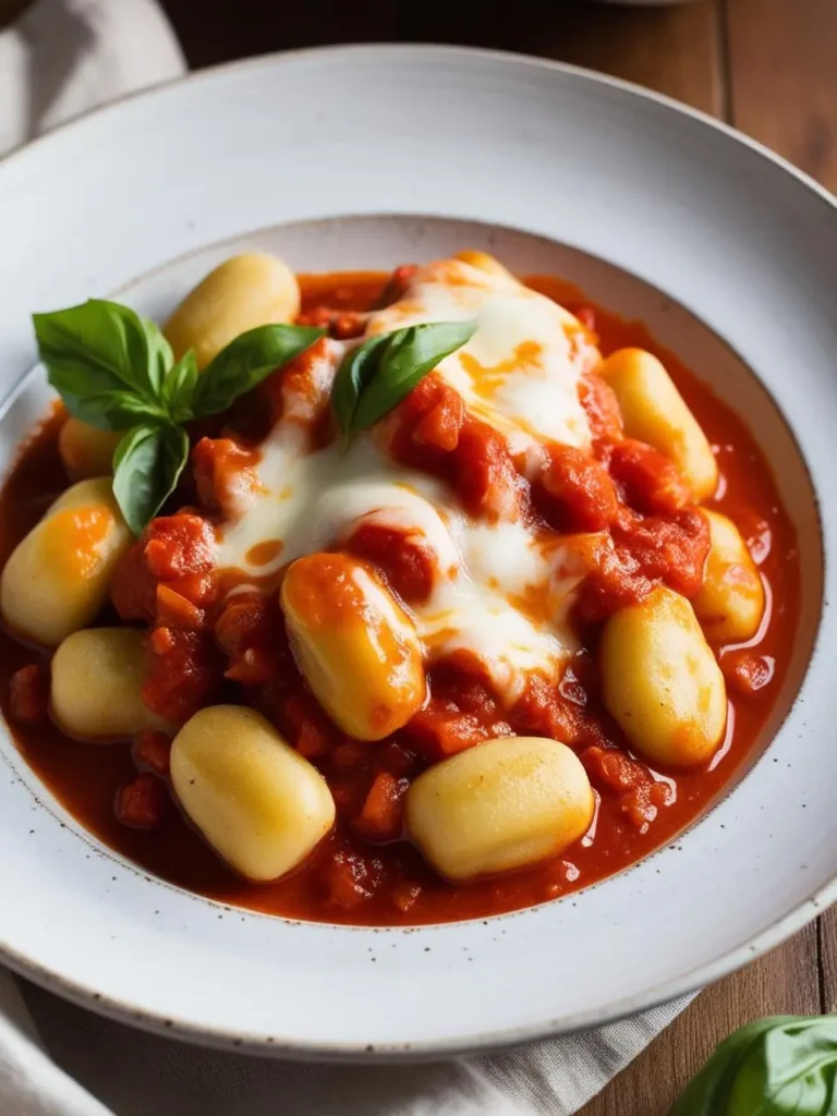 A plate of gnocchi smothered in a rich tomato sauce and topped with melted mozzarella cheese. Fresh basil leaves add a touch of color and aroma to this comforting and delicious dish.