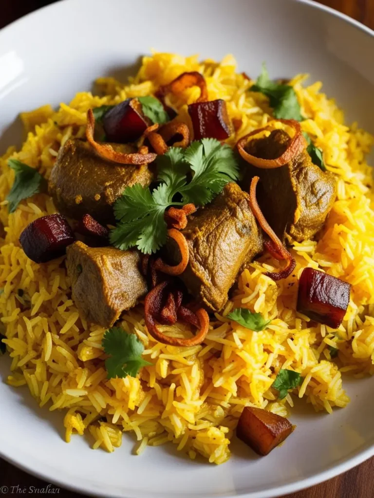 A plate of Biryani, a flavorful Indian dish. It features fragrant basmati rice tinged with a vibrant yellow hue, layered with tender pieces of meat, possibly chicken or lamb. The dish is garnished with fried onions and fresh cilantro, adding a touch of crunch and freshness.