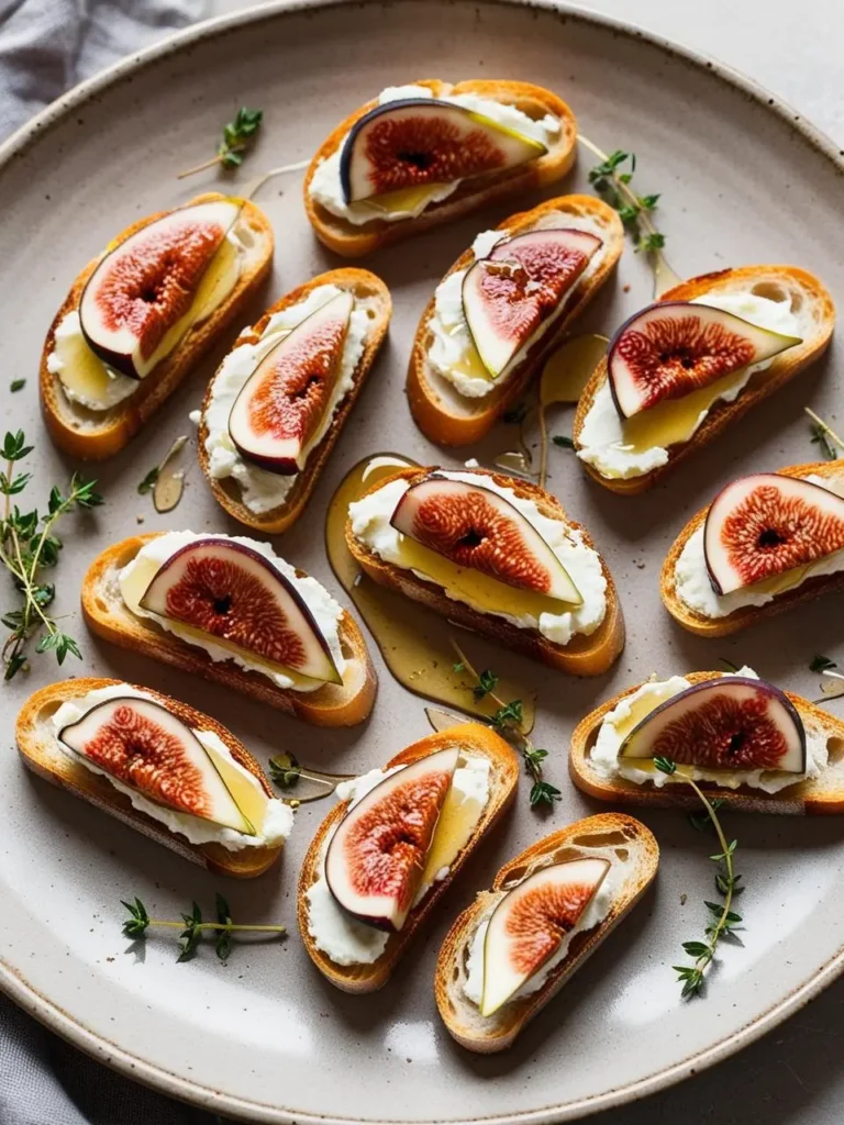 A plate of elegant fig and goat cheese crostini. Toasted bread is topped with creamy goat cheese, fresh fig slices, and drizzled with honey. The crostini are scattered with fresh thyme sprigs, adding a touch of freshness and aroma. The dish looks incredibly appetizing and perfect for a sophisticated gathering.