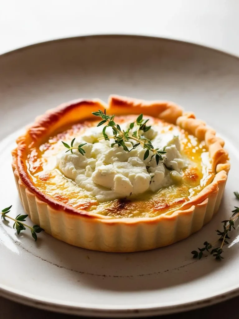 A golden-brown tartlet with a flaky crust, filled with a creamy cheese mixture and topped with dollops of ricotta cheese and fresh thyme sprigs.