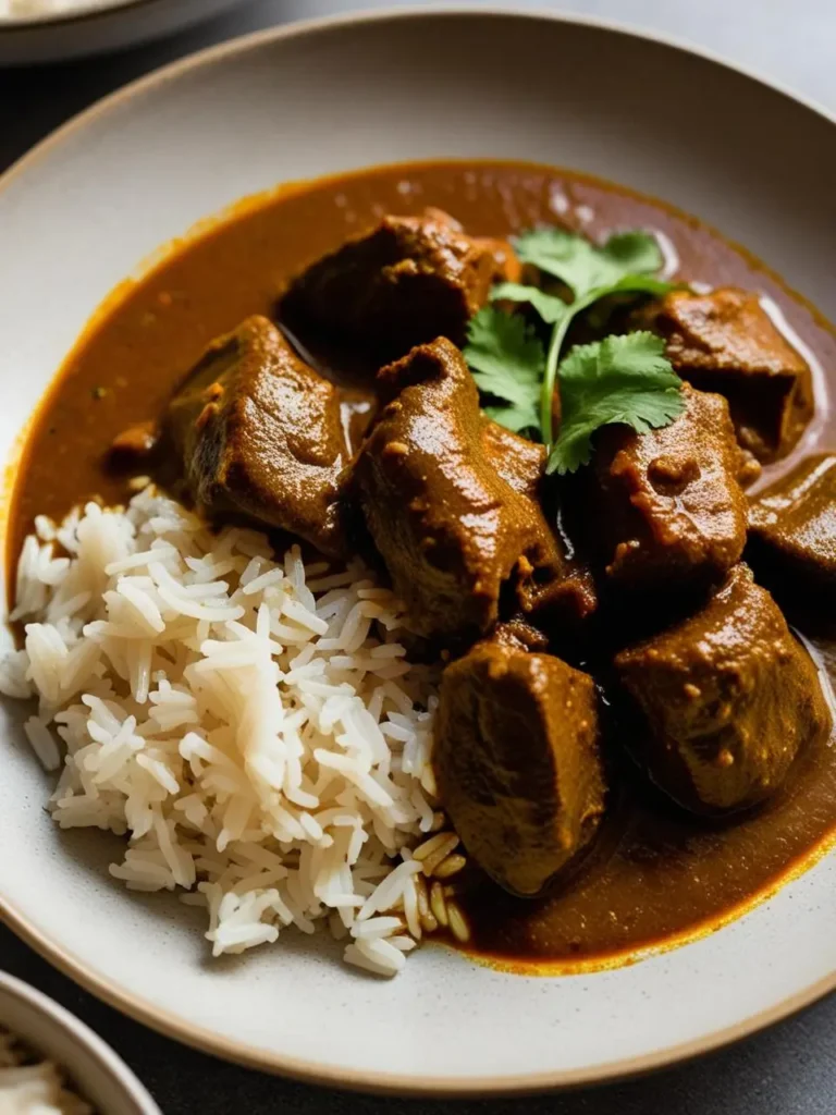 A plate of savory goat curry. The meat is tender and flavorful, simmered in a rich, aromatic sauce. A mound of fluffy white rice accompanies the curry, making it a complete and satisfying meal. The dish is garnished with fresh cilantro, adding a touch of color and freshness.