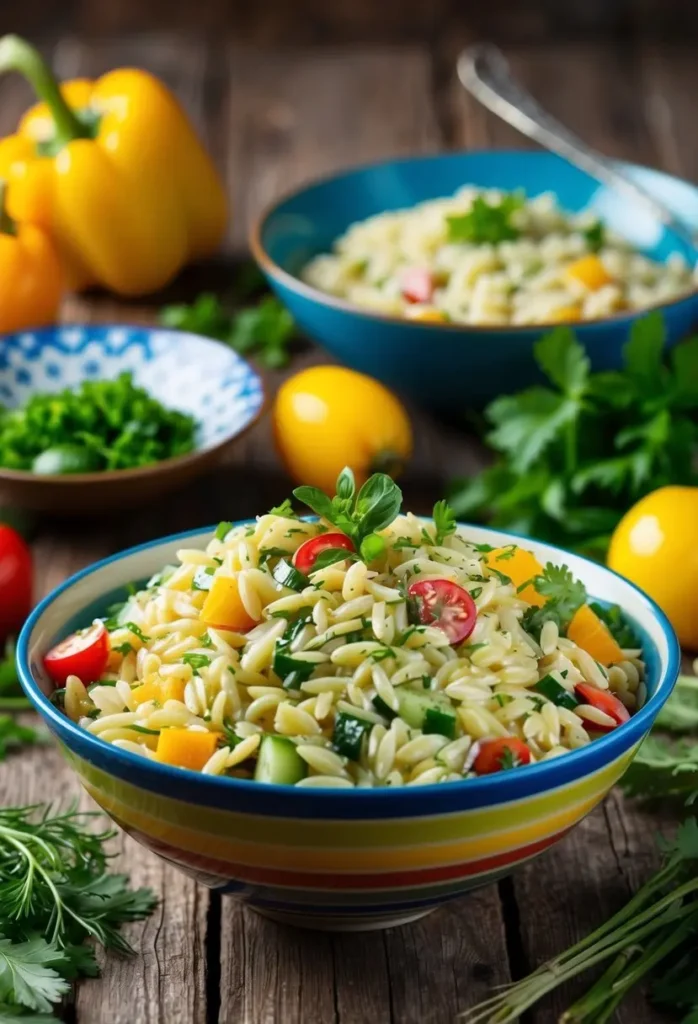 A vibrant orzo salad with fresh vegetables like tomatoes, cucumbers, and peppers. The salad is served in a colorful bowl on a wooden table, surrounded by fresh ingredients like herbs and cherry tomatoes. The dish looks light, refreshing, and perfect for a summer meal.