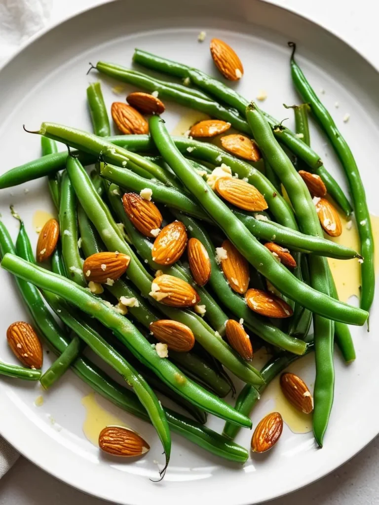 A plate of vibrant green beans, dressed with a light vinaigrette and sprinkled with toasted almonds and grated Parmesan cheese. The beans look crisp-tender and delicious, making them a perfect side dish for any meal.