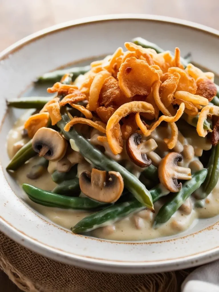 A plate of classic green bean casserole. It's loaded with tender green beans, creamy mushroom sauce, and topped with crispy fried onions. The dish looks rich, savory, and perfect for a holiday meal.