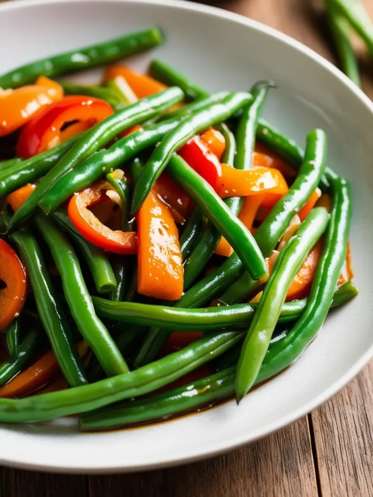 A plate of vibrant green beans stir-fried with colorful bell peppers and onions. The beans look crisp-tender and seasoned with a flavorful sauce. The dish is garnished with fresh garlic.