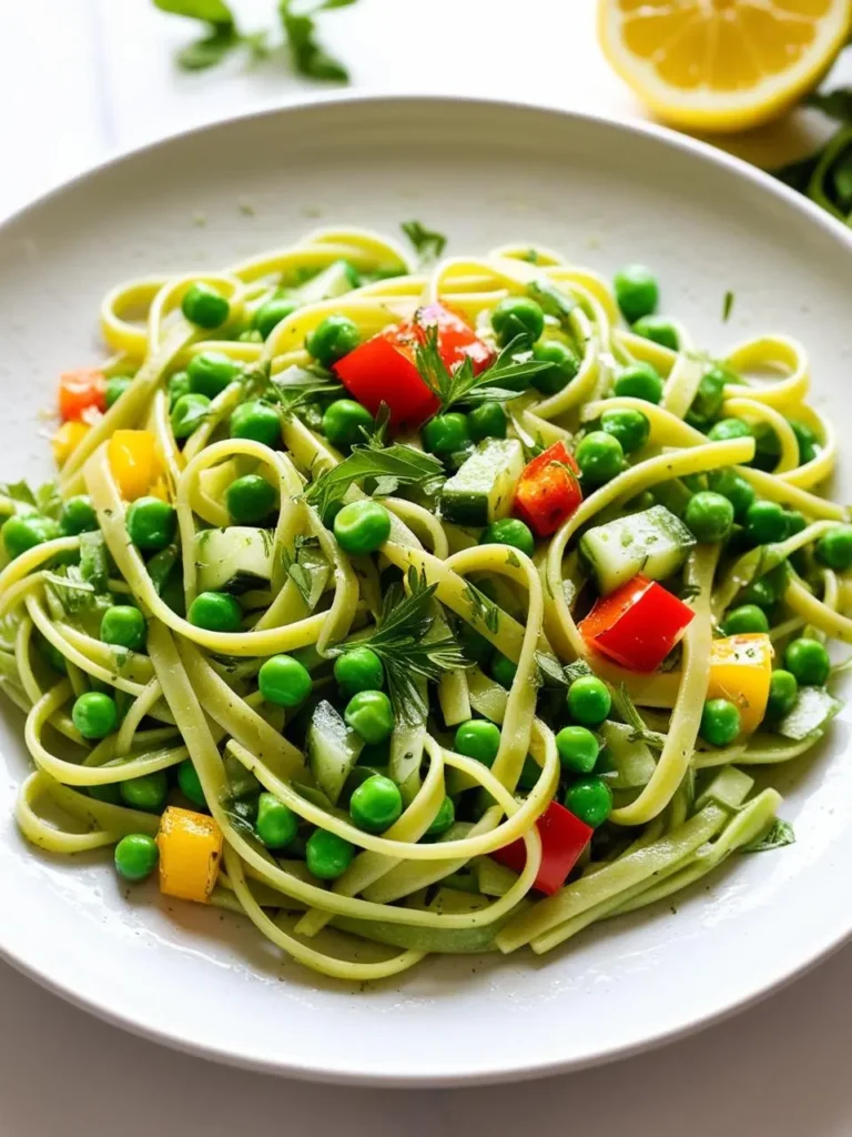 A plate of vibrant green pasta salad. The pasta is tossed with peas, diced vegetables like bell peppers and cucumbers, and fresh herbs. The salad looks light, refreshing, and perfect for a summer meal.