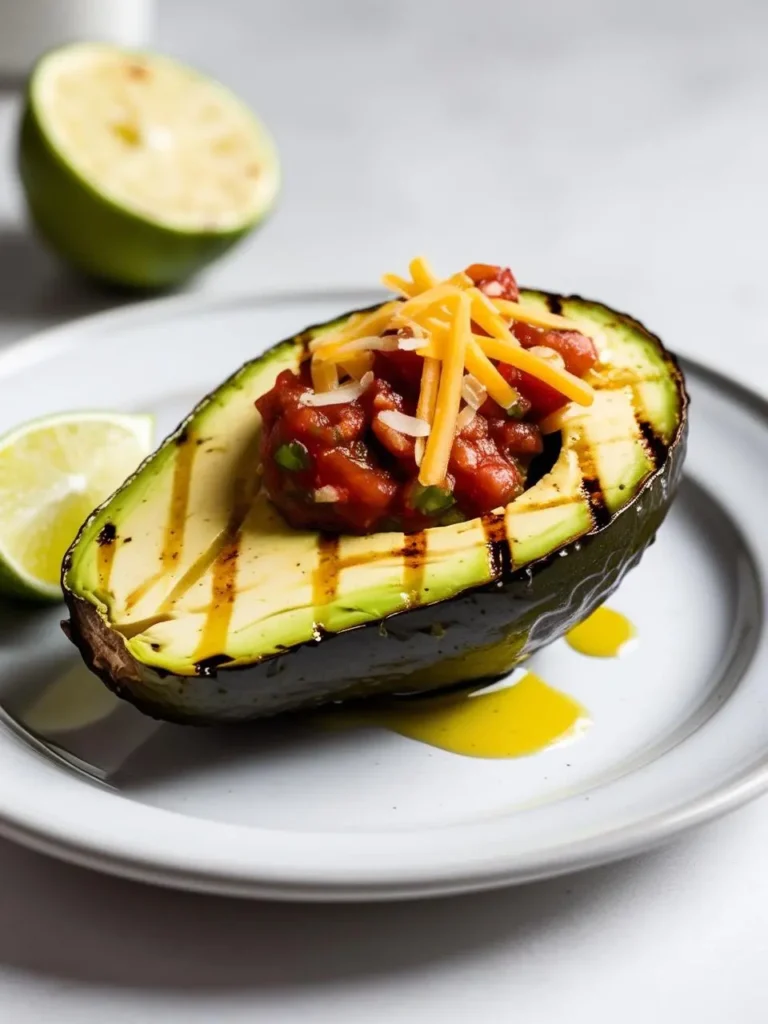 A halved avocado, grilled to perfection, is filled with a vibrant pico de gallo salsa. The avocado is drizzled with olive oil, and shredded cheese is sprinkled on top. A lime wedge sits beside the avocado, adding a touch of freshness.