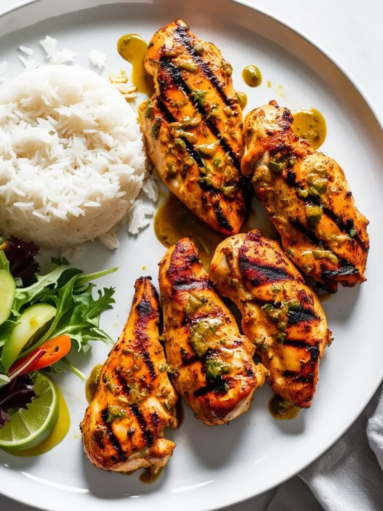 A plate of grilled chicken breasts drizzled with a vibrant green sauce. The chicken has beautiful grill marks and is served alongside a side of fluffy white rice and a colorful salad. Limes and a bowl of sauce are visible in the background.