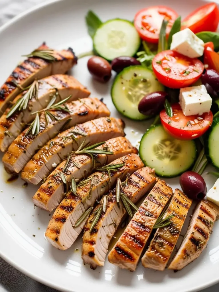 A plate of grilled chicken breast, sliced and seasoned with rosemary. It's served alongside a fresh Greek salad with cucumbers, tomatoes, olives, and feta cheese. The dish looks light, healthy, and delicious.