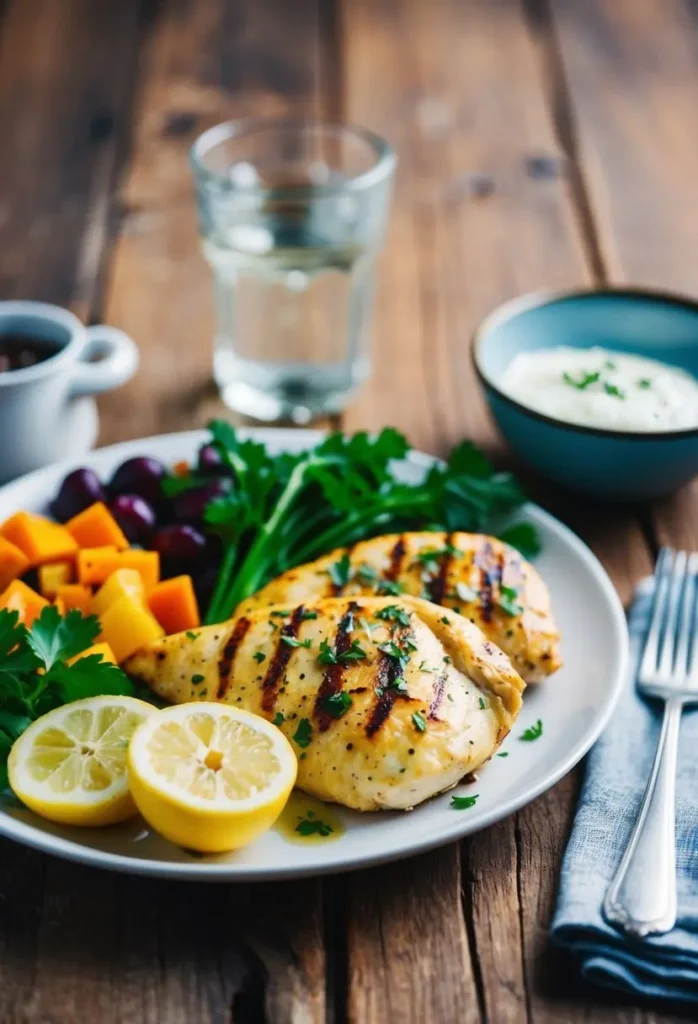 A plate of grilled chicken breasts with visible grill marks, served alongside roasted vegetables like sweet potatoes and red onions. Fresh parsley, lemon wedges, and a small bowl of sauce complete the dish. The plate is set on a wooden table with a glass of water and a fork nearby.