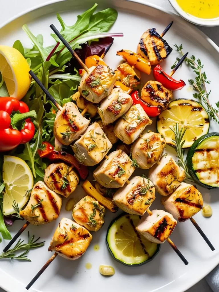 A platter of grilled chicken skewers with colorful vegetables like bell peppers and zucchini, all seasoned with herbs and drizzled with a lemon-herb vinaigrette. Fresh herbs, lemon wedges, and a side salad complete the vibrant dish.