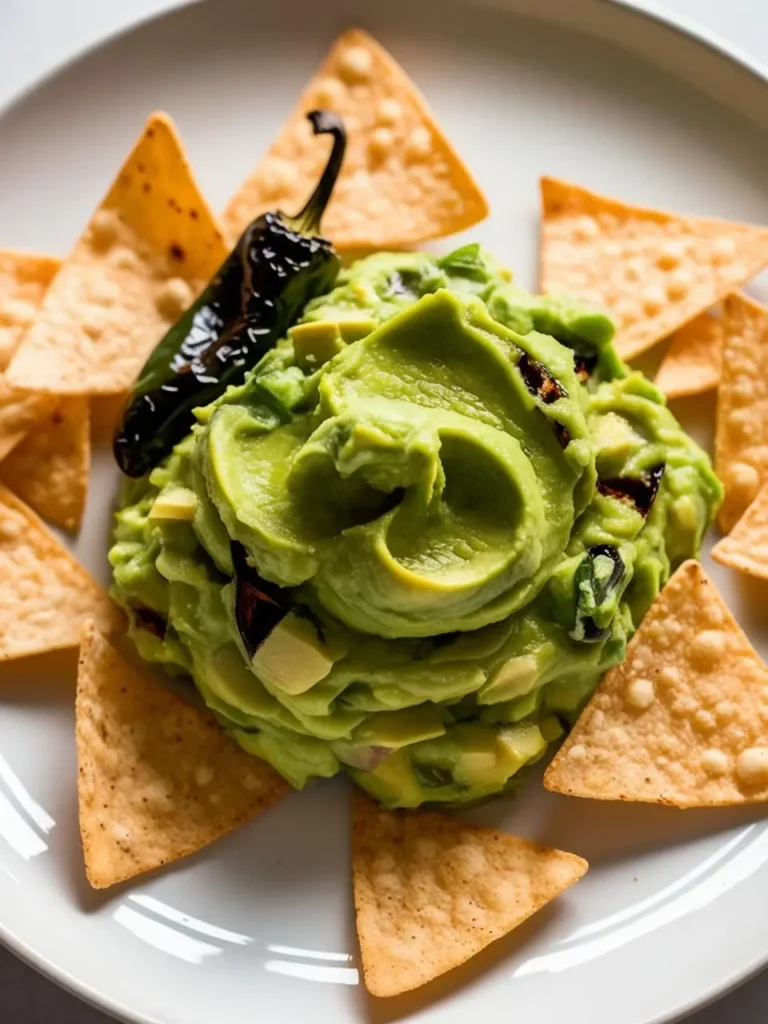 A white plate piled high with creamy guacamole. The guacamole is speckled with bits of tomato and onion. A small, roasted jalapeño pepper sits on top, and the plate is encircled by a ring of tortilla chips.